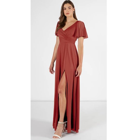 Azazie Induh Bridesmaid Dress Gown-Terracotta-Size 10-Short-Sleeve - Picture 3 of 9